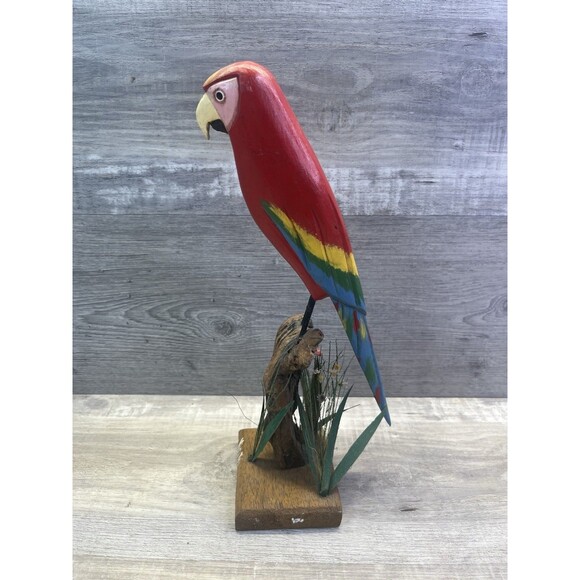 Red Parrot Hand Carved Hand Painted Wood Figure Visitei Santurce Vintage - Picture 1 of 7